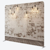 Lofaris Rustic White Brick Wall Tension Fabric Backdrop Loft with Edison Bulbs and Wood Floor Photography Studio Prop